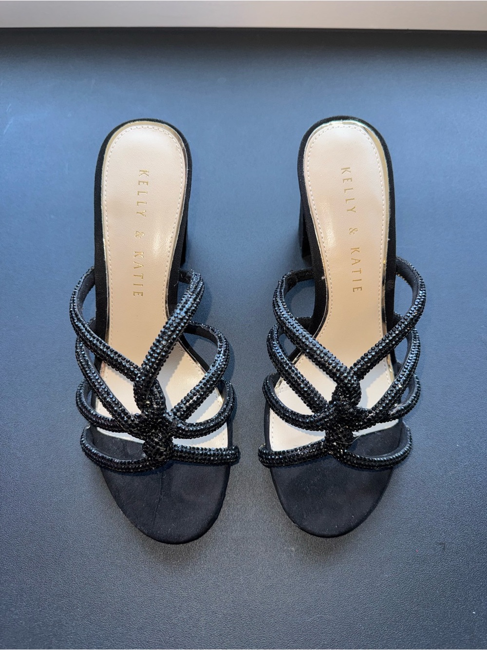 Kelly & Katie Black Beaded Strappy Mule Heels